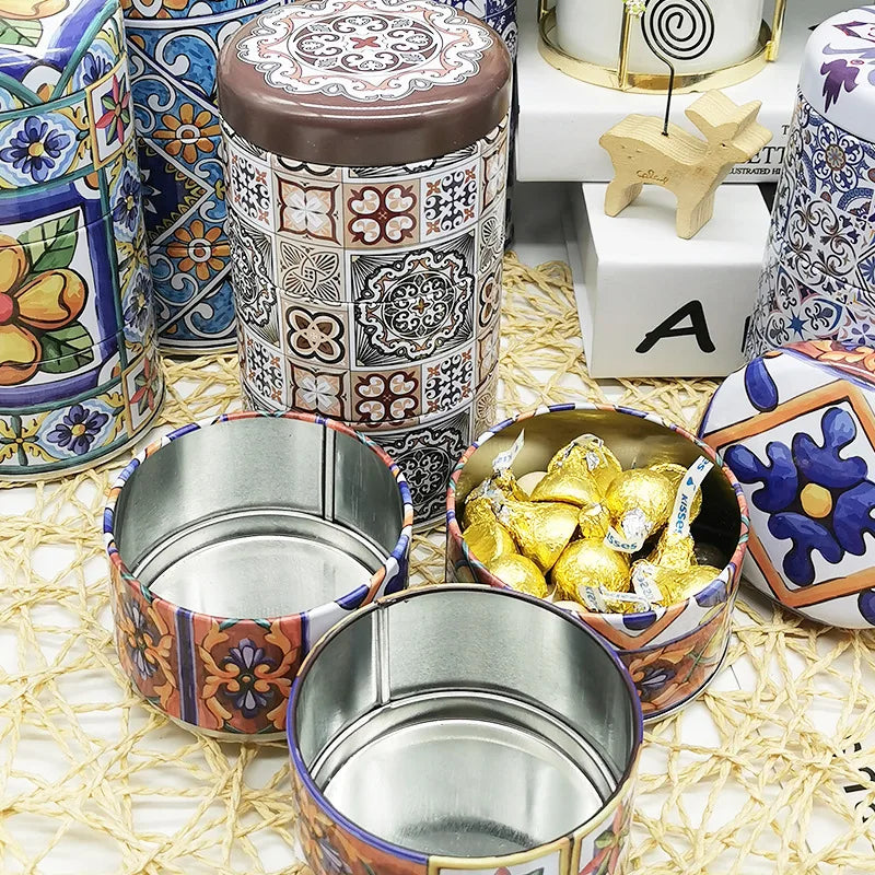 קופסאות פח מחולקות ל3 לאחסון נשנושים בעיצוב מודפס מרוקאי