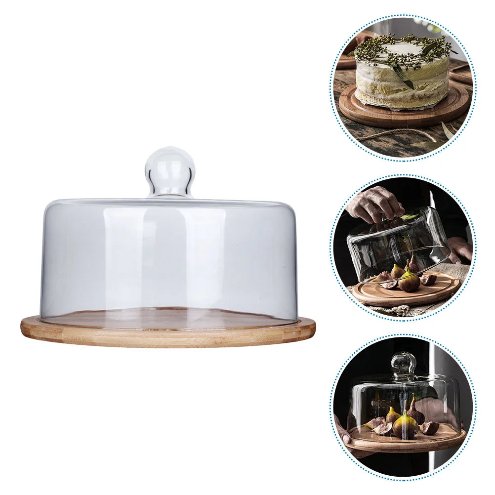 פעמון עוגה עם תחתית עץ איכותית ומכסה זכוכית גבוה